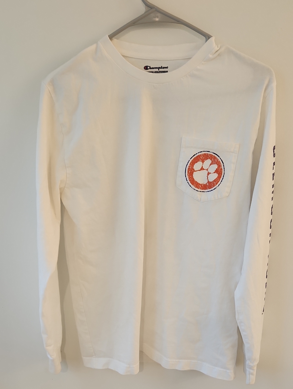 Clemson Champion White Long Sleeve Pocket Tee with Orange Paw Graphic